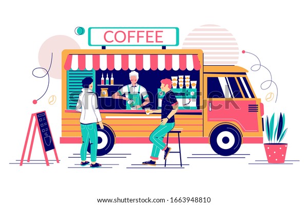 Coffee truck with barista making hot energy drink\
for young man, vector flat illustration. Street food van, mobile\
coffee shop, cafe on wheels, food bus concept for web banner,\
website page etc.