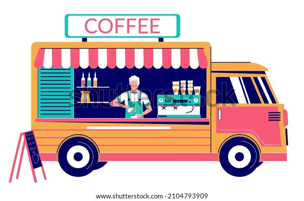 Coffee truck with barista making\
hot energy drink, flat vector illustration. Street food van, mobile\
coffee shop, cafe on wheels, food bus small\
business.