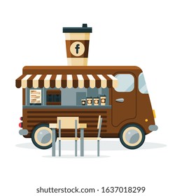 Coffee Truck with Cup of Drink on Top, Street Meal Vehicle, Mobile Shop Vector Illustration
