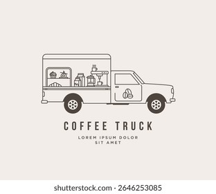 Coffee truck mobile bar line art outline logo design. Food truck coffee shop symbol icon