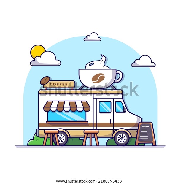 Coffee truck in the park. with\
big a cup of coffee, illustration cartoon street food white\
isolated