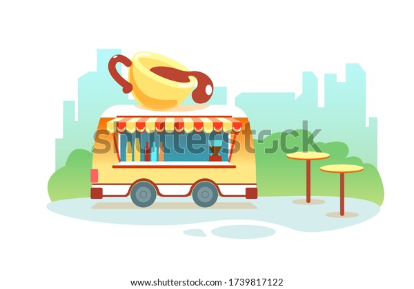 Coffee truck at park on city background. Coffee
to go cafe on wheels outdoor vector isolated illustration. Street
Meal trailer. Beverage portable cafe, takeaway hot drinks cup,
catering business.