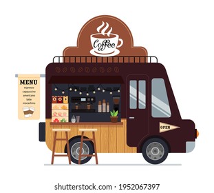 Coffee truck - small business graphics. Modern flat vector concept illustration of street cafe van.
