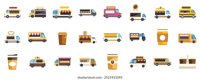 Coffee truck and takeaway coffee cup icon set showing street food trucks selling coffee
