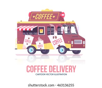 Coffee truck. Vector coffee wagon. Delivery service. Flat illustration.