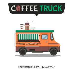 Coffee truck.Vector cartoon car.Isolated.