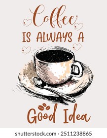 Coffee t-shirt design. Coffee is always a good idea t shirt design, Coffee design. Hand-drawn vector graphics for t-shirt prints, posters and other uses. art label for poster, banner, t-shirt design.