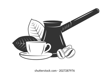 Coffee turk con granos de café y una taza aislada sobre fondo blanco. Ilustración del vector