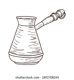 Coffee turk, cezva, brown contour drawing isolated on white background, stock vector illustration for design and decor, sketch, template, copper cookware