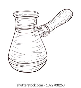Coffee turk, cezva, brown contour drawing isolated on white background, stock vector illustration for design and decor, sketch, template, copper cookware