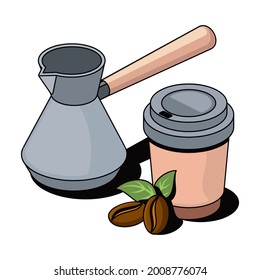 Coffee turk, mug, grains. Vector 3d sketch line isometric, color icon illustration, flat style. Creative design idea and elements for infographics and website.