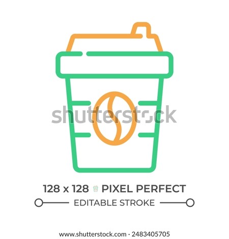 Coffee two color line icon. Caffeinated drink. Take away. Paper cup. Hot beverage. Cafe menu. bicolor outline symbol. Duotone linear pictogram. Isolated illustration. Editable stroke