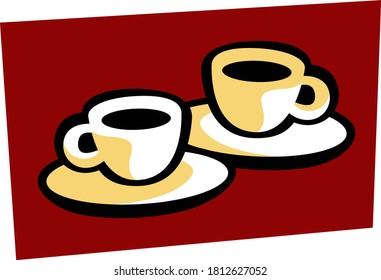 Coffee for two. Two coffee cups on the table. Vector drawing for prints or illustrations.