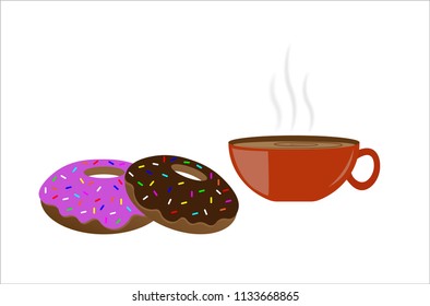 coffee with two donut and topping, vector illustration, white background