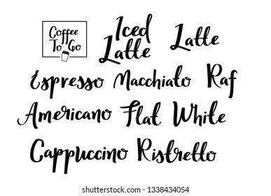 Coffee types calligraphic set. Handwritten typographic collection.