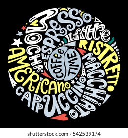 Coffee types - Cappuccino, americanp, ristretto, latte, macchiato, espresso, mocha - hand drawn lettering illustration in circle - for cafe menu, wall decor, print. Typography poster.