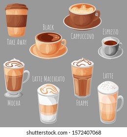 Coffee types cartoon style vector illustrations set, isolated realistic colorful coffee icons.