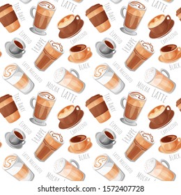 Coffee types cartoon style vector illustrations seamless pattern, isolated realistic colorful coffee icons.