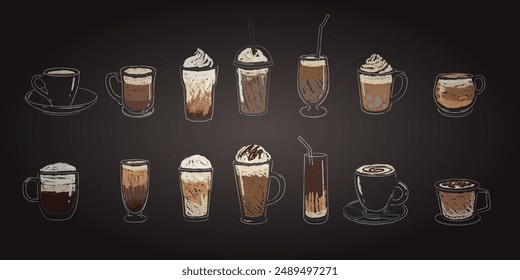 Coffee types chalk. Glass cappuccino, latte and espresso. Drawing sketch on chalkboard. Frappe, mocha and milkshake in different cup. Blackboard menu cafe isolated elements. Vector illustration drinks