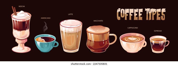 Coffee types collection. Cappuccino, Americano, latte, mocha, macchiato, espresso. A hot invigorating drink. Vector illustration in cartoon style.
