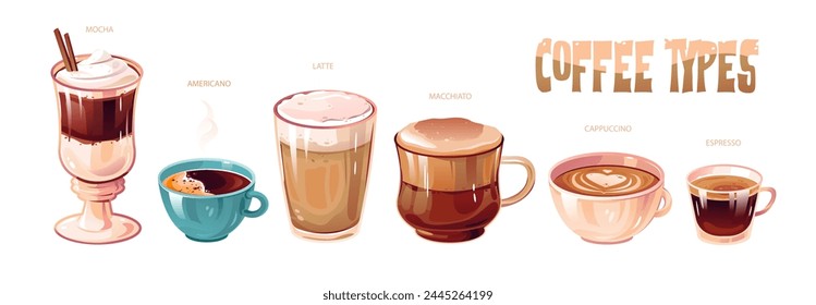 Coffee types collection. Cappuccino, Americano, latte, mocha, macchiato, espresso. A hot invigorating drink. Vector illustration in cartoon style