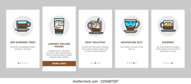 Coffee Types Energy Morning Drink Onboarding Mobile App Page Screen Vector. Espresso And Cappuccino, Macchiato And Latte, Americano And Chocolate Coffee Types Line. Caffeine Hot Beverage Illustrations