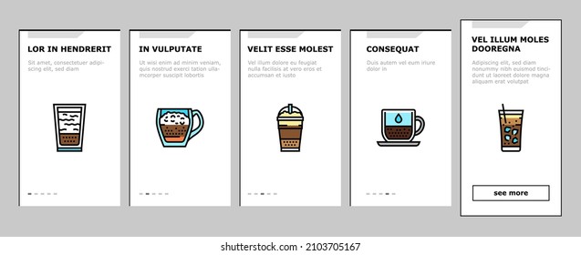 Coffee Types Energy Morning Drink Onboarding Mobile App Page Screen Vector. Espresso And Cappuccino, Macchiato And Latte, Americano And Chocolate Coffee Types Line. Caffeine Hot Beverage Illustrations