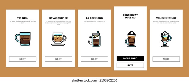 Coffee Types Energy Morning Drink Onboarding Mobile App Page Screen Vector. Espresso And Cappuccino, Macchiato And Latte, Americano And Chocolate Coffee Types Line. Caffeine Hot Beverage Illustrations