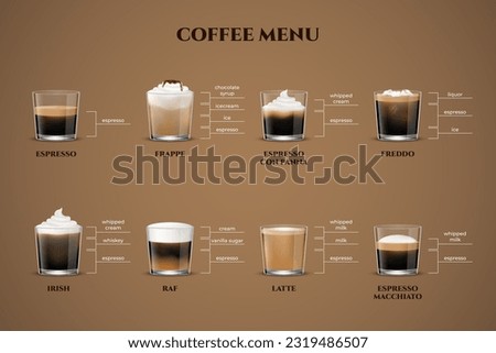 Coffee types. Espresso menu, realistic isolated transparent glass cup of cappuccino, latte and macchiato, mocha cafe, cream, milk foam and ice. Cafe or restaurant poster. Vector illustration