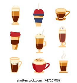 Coffee types icons set, flat style. Beverages menu. Espresso, cappuccino, mocha, Vector illustration.