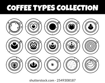 Coffee types outline vector illustration set