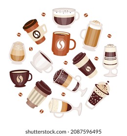 Coffee Types Poured in Mug and Cup Arranged in Circle Vector Template