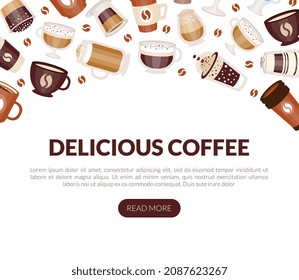 Coffee Types Poured in Mug and Cup Vector Landing Page Template