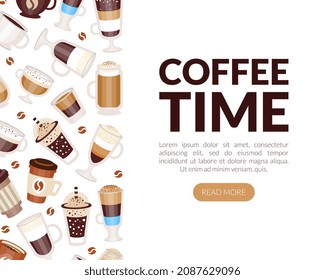 Coffee Types Poured in Mug and Cup Vector Landing Page Template