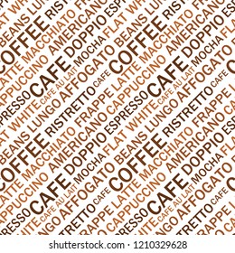 Coffee types seamless text pattern. Coffee vector illustration