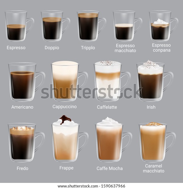Coffee types set, vector isolated illustration.\
Espresso types, doppio, trippio, cappuccino, frappe, americano,\
caramel macchiato, other coffee drinks with names for restaurant,\
cafe menu etc.
