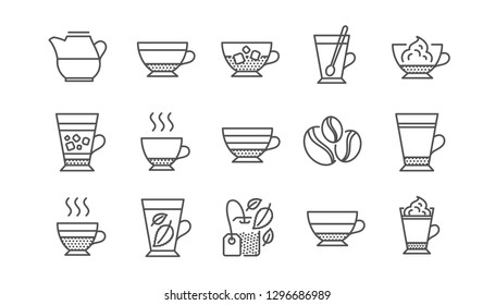 Coffee types and Tea icons. Mocha, Cappuccino and Latte. Americano cup linear icon set.  Vector