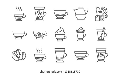 Coffee types and Tea icons. Mocha, Cappuccino and Latte. Americano cup linear icon set.  Vector
