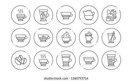 Coffee types and Tea icons. Mocha, Cappuccino and Latte. Americano cup linear icon set. Line buttons with icon. Editable stroke. Vector