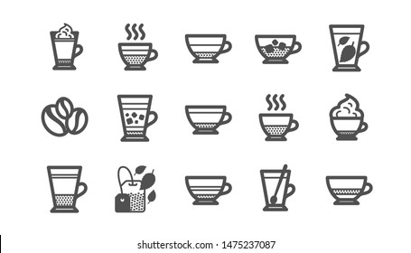 Coffee types and Tea icons. Mocha, Cappuccino and Latte. Americano cup classic icon set. Quality set. Vector