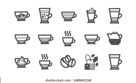 Coffee types and Tea icons. Mocha, Cappuccino and Latte. Americano cup classic icon set. Quality set. Vector