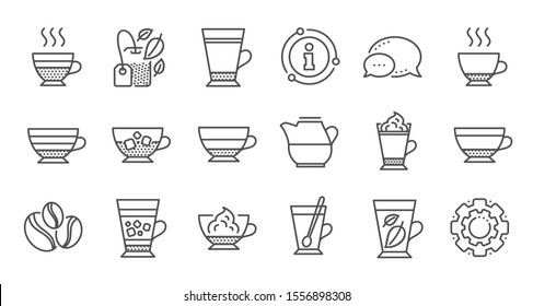 Coffee types and Tea icons. Mocha, Cappuccino and Latte. Americano cup linear icon set. Quality line set. Vector