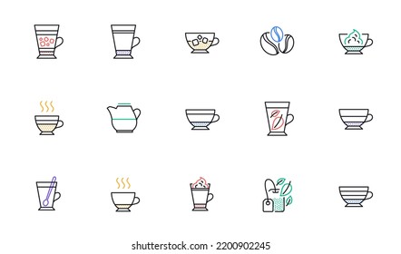 Coffee types and Tea icons. Mocha, Cappuccino and Latte. Americano cup linear icon set. Bicolor outline web elements. Vector