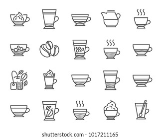 Coffee types and Tea icons. Set of Latte, Frappe and Cappuccino signs. Espresso, Doppio and Cafe Crema symbols. Americano, Whipped cream and Coffee with ice. Mocha, Herbal and Mint tea cups. Vector