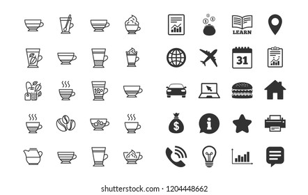 Coffee types and Tea icons. Set of Latte, Frappe and Cappuccino signs. Espresso, Doppio and Cafe Crema symbols. Americano, Whipped cream and Coffee with ice. Mocha, Herbal and Mint tea cups. Vector