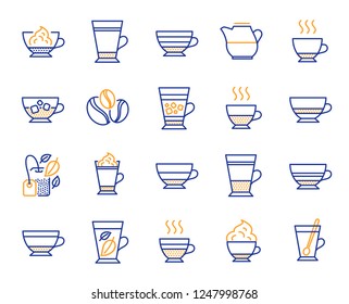 Coffee types and Tea icons. Set of Latte, Frappe and Cappuccino icons. Espresso, Doppio and Cafe Crema. Americano, Whipped cream latte and Coffee with ice. Mocha cafe, Herbal, Mint tea cups. Vector