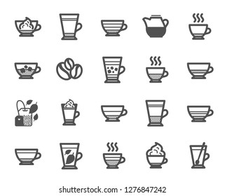 Coffee types and Tea icons. Set of Latte, Frappe and Cappuccino icons. Espresso, Doppio and Cafe Crema. Americano, Whipped cream latte and Coffee with ice. Mocha cafe, Herbal, Mint tea cups. Vector