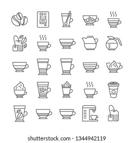 Coffee types and Tea icons. Set of Latte, Cappuccino and Frappe icons. Espresso, Doppio and Cafe Crema. Americano, Whipped cream latte and Coffee with ice. Mocha cafe, Herbal, Mint tea cups. Vector