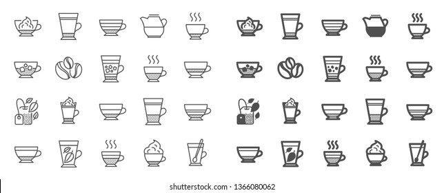 Coffee types and Tea icons. Set of Latte, Frappe and Cappuccino icons. Espresso, Doppio and Cafe Crema. Americano, Whipped cream latte and Coffee with ice. Mocha cafe, Herbal, Mint tea cups. Vector