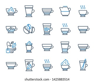 Coffee types and Tea icons. Set of Latte, Frappe and Cappuccino icons. Espresso, Doppio and Cafe Crema. Americano, Whipped cream latte and Coffee with ice. Mocha cafe, Herbal, Mint tea cups. Vector